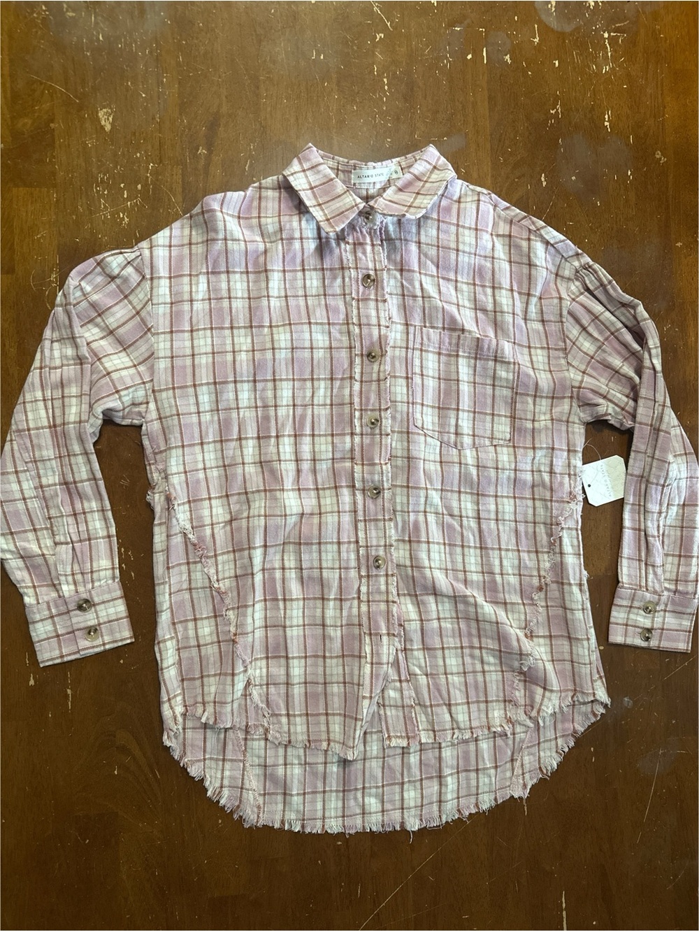 Altar'd State Pink and White Plaid 100% Cotton Button-Down Shirt NWT